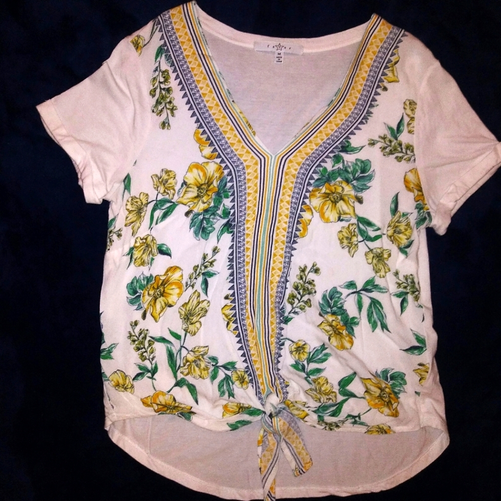 Fever White V-Neck Top with Knot Tied in Bottom Front
